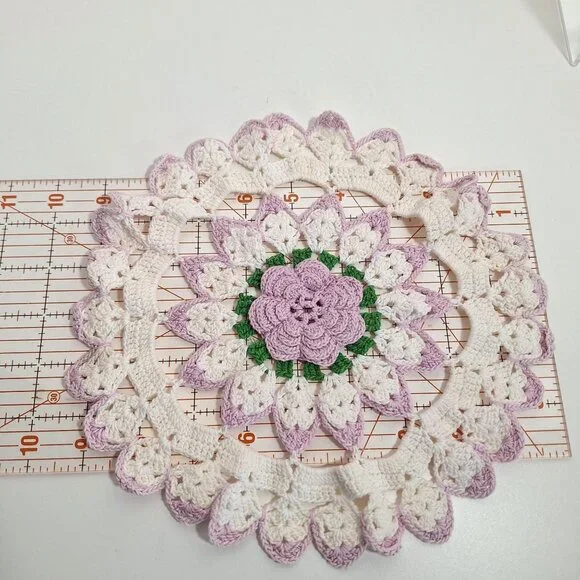 Hand Crocheted Lace Doily Flower Lavender White Green Purple Cotton 10 Inch - Picture 6 of 14